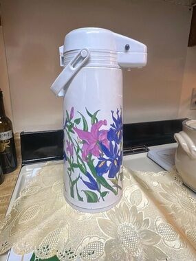 Vintage White Floral Airpot Coffee Dispenser with Pink & Purple Flowers